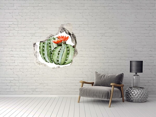 Pegatina efecto 3d pared rota decorativa Un cactus con una flor en un agujero en la pared.