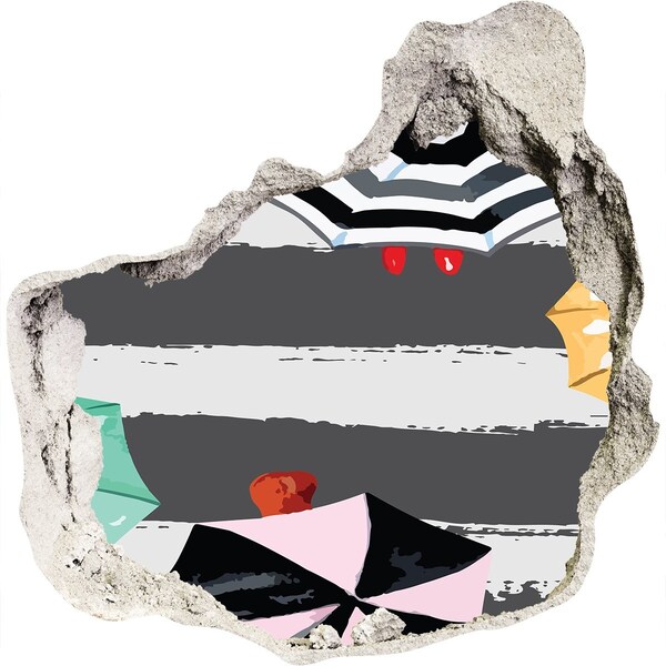 Pegatina efecto 3d pared rota decorativa Playa misteriosa con sombrillas