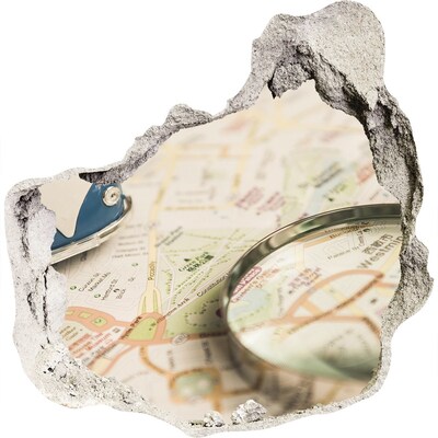 Vinilo adhesivo efecto agujero 3d para casa Mapa con lupa en un agujero en la pared