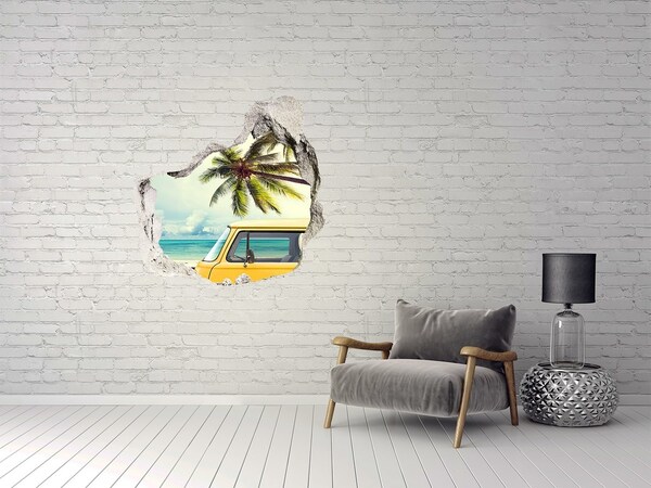 Vinilo decorativo boquete pared irregular Oasis tropical con un coche amarillo.