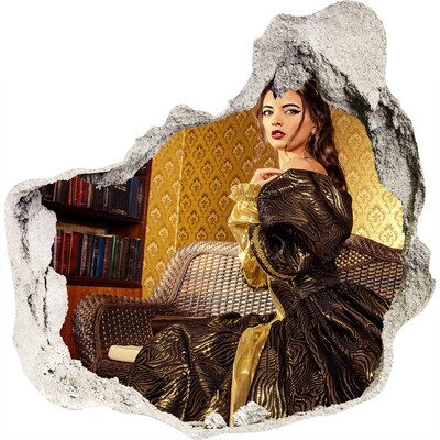 Vinilo decorativo boquete pared irregular Una mujer con un vestido elegante en un interior con estilo.