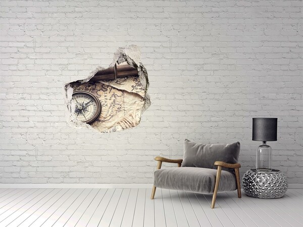 Vinilo decorativo boquete pared irregular Mapa antiguo con brújula