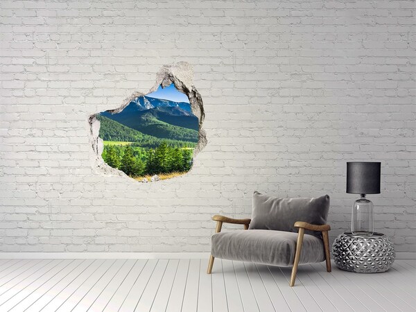 Vinilo adhesivo efecto agujero 3d para casa Paisaje de montaña a través de un agujero en la pared.