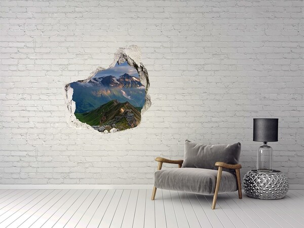 Vinilo adhesivo efecto agujero 3d para casa Paisaje de montaña detrás del agujero en la pared.