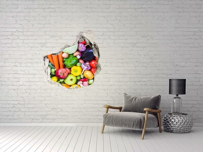 Vinilo decorativo boquete pared irregular Verduras y frutas coloridas en un agujero en la pared.