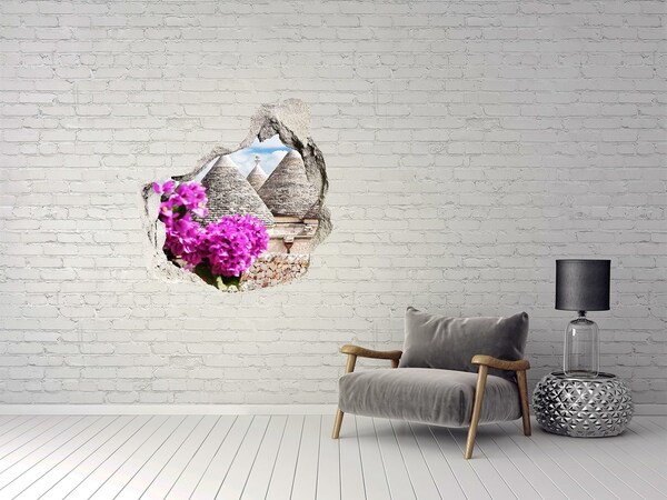 Pegatina pared rota trampantojo decorativo Trulli en Apulia con flores