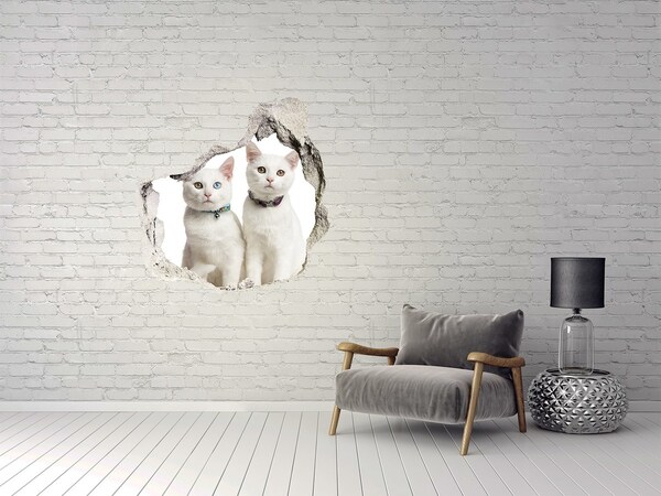 Vinilo adhesivo efecto agujero 3d para casa Dos gatos blancos en un agujero en la pared.