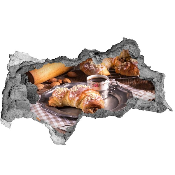 Pegatina efecto 3d pared rota decorativa Deliciosos croissants con café