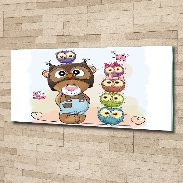 Pintura en acrílico horizontal Osito de peluche y búhos