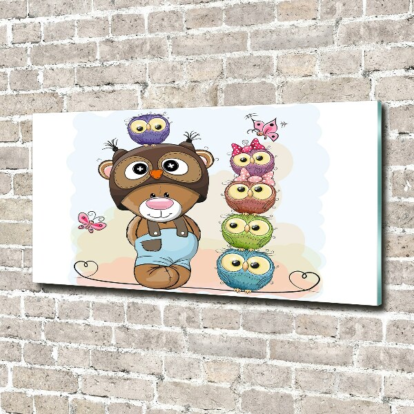 Pintura en acrílico horizontal Osito de peluche y búhos