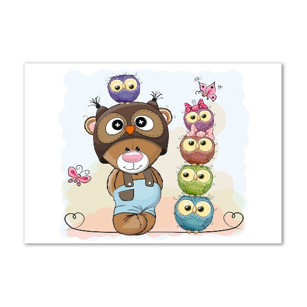 Pintura en acrílico horizontal Osito de peluche y búhos