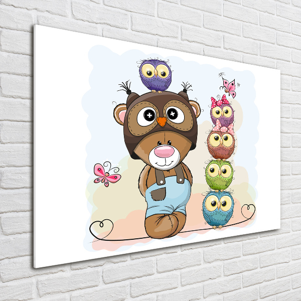 Pintura en acrílico horizontal Osito de peluche y búhos