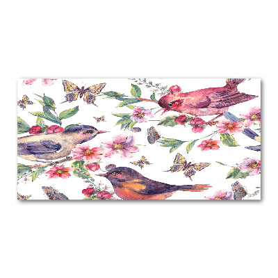 Pintura en acrílico horizontal Pájaros mariposas cerezas