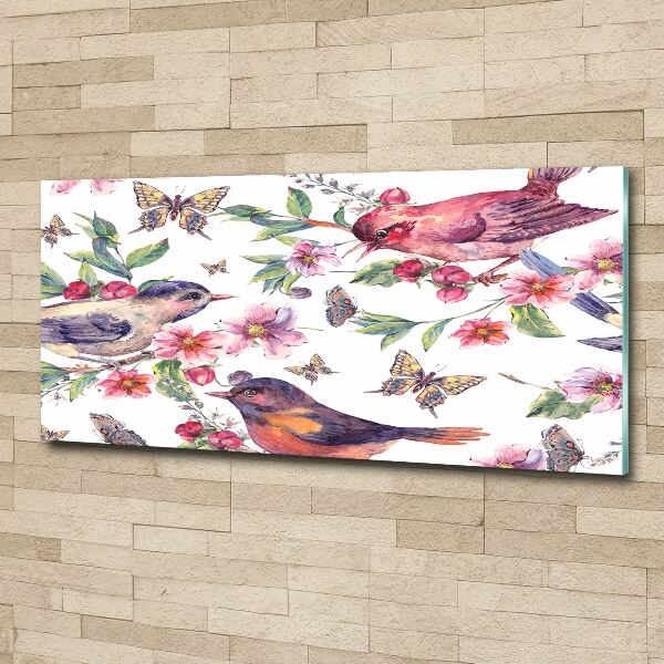Pintura en acrílico horizontal Pájaros mariposas cerezas