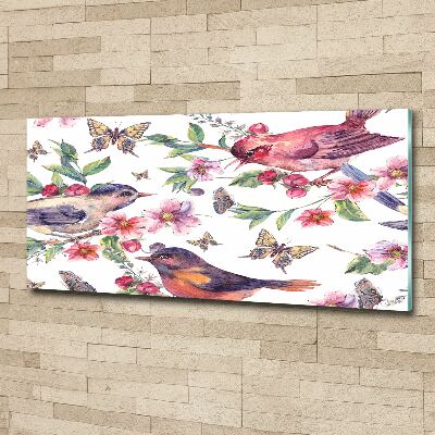 Pintura en acrílico horizontal Pájaros mariposas cerezas