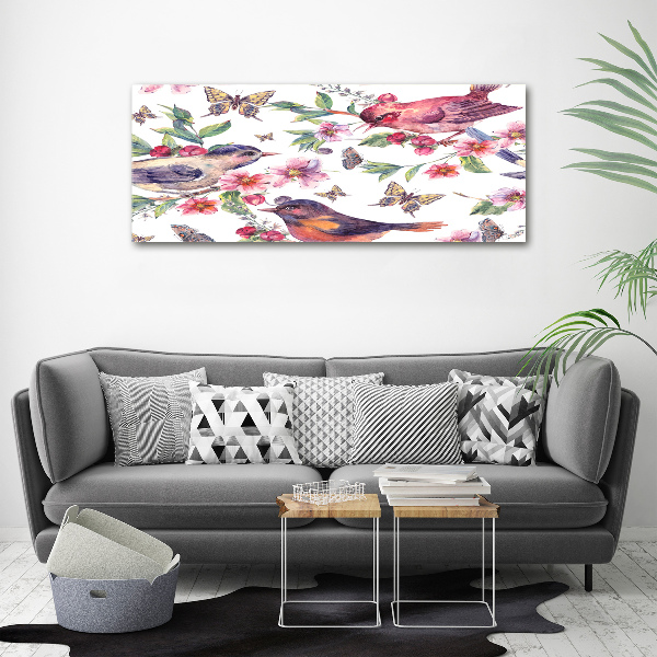 Pintura en acrílico horizontal Pájaros mariposas cerezas