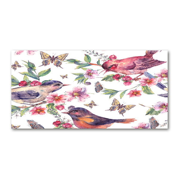 Pintura en acrílico horizontal Pájaros mariposas cerezas