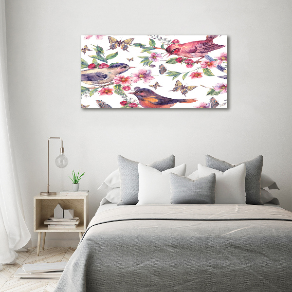 Pintura en acrílico horizontal Pájaros mariposas cerezas