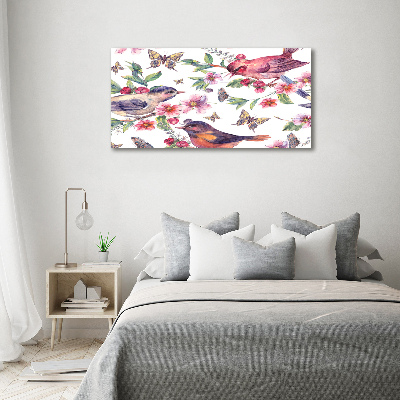 Pintura en acrílico horizontal Pájaros mariposas cerezas