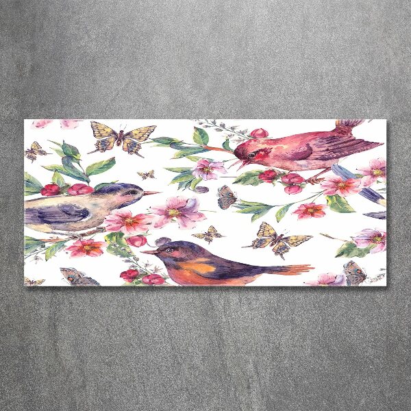 Pintura en acrílico horizontal Pájaros mariposas cerezas