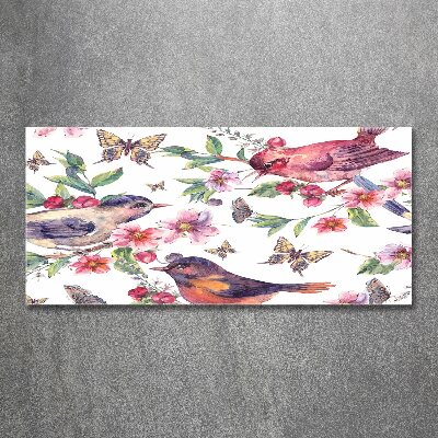 Pintura en acrílico horizontal Pájaros mariposas cerezas