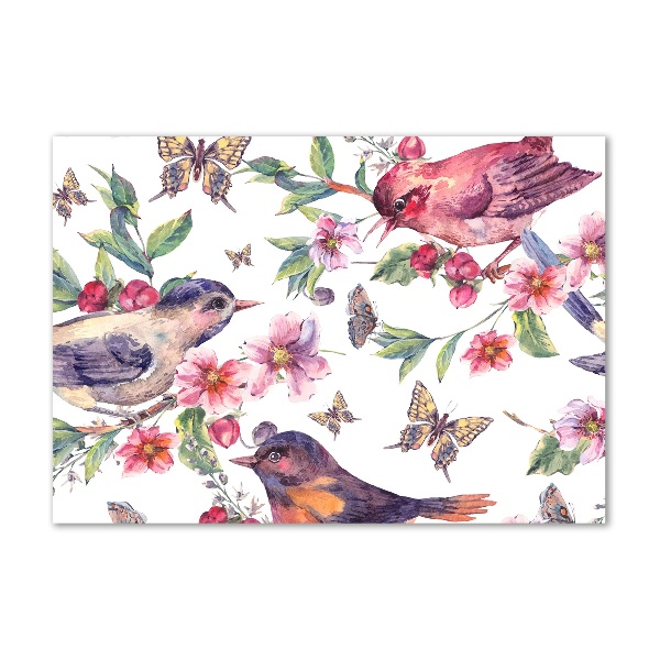 Pintura en acrílico horizontal Pájaros mariposas cerezas