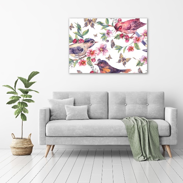 Pintura en acrílico horizontal Pájaros mariposas cerezas