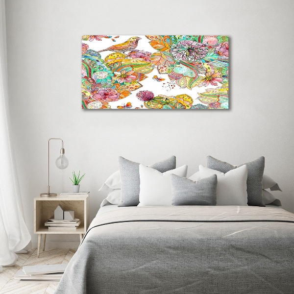 Pintura en acrílico horizontal Pájaro y adornos