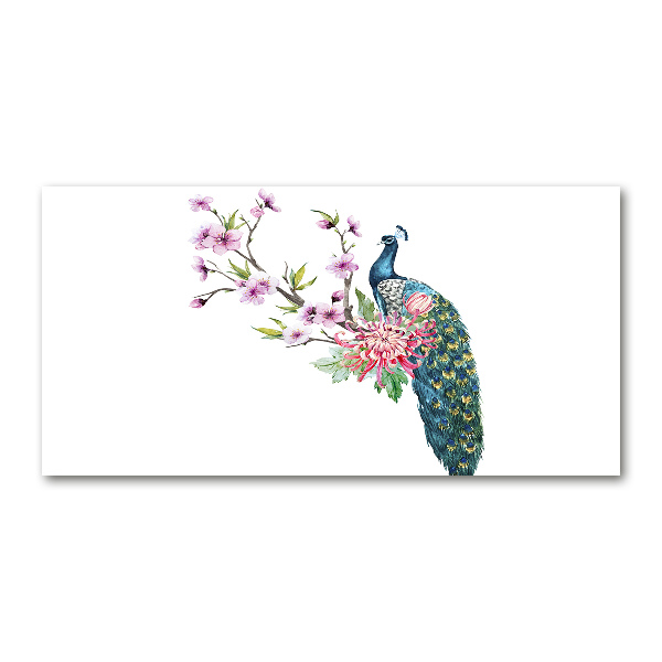 Cuadro acrílico horizontal Pavo real y flores