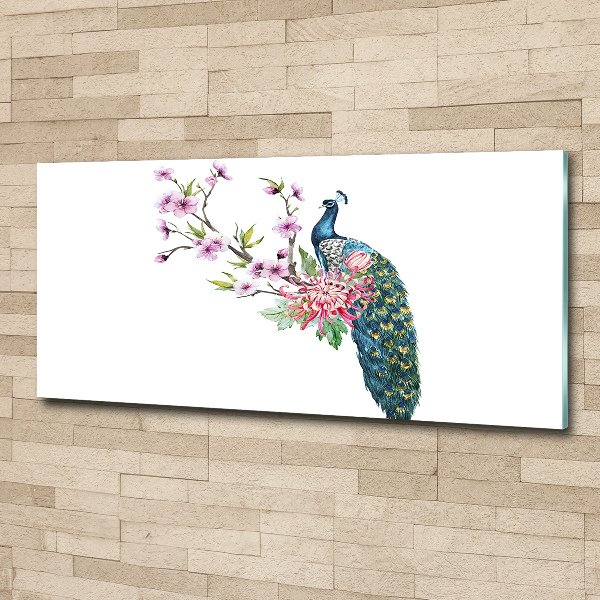 Cuadro acrílico horizontal Pavo real y flores