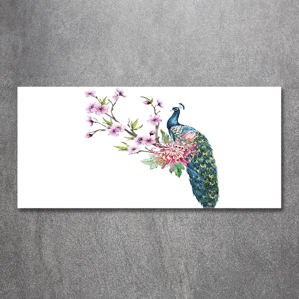 Cuadro acrílico horizontal Pavo real y flores