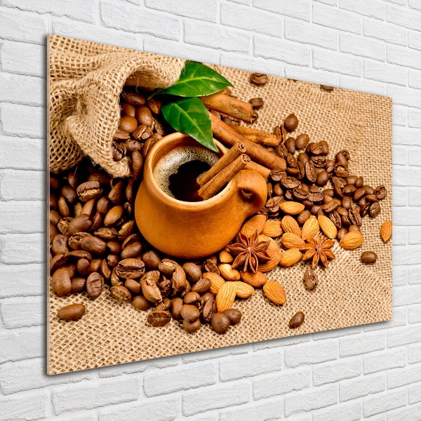 Cuadro metacrilato horizontal Granos de café y una taza