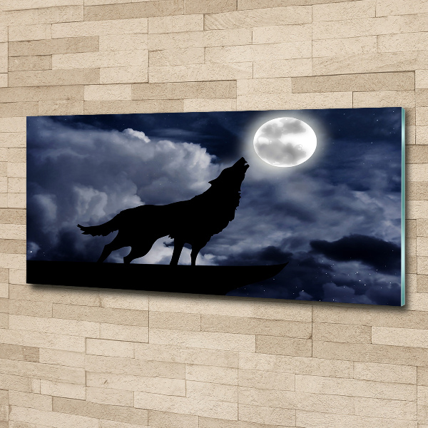 Pintura en acrílico horizontal El lobo aullador de la luna llena