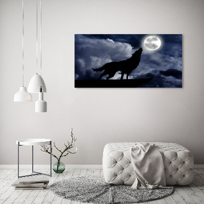Pintura en acrílico horizontal El lobo aullador de la luna llena