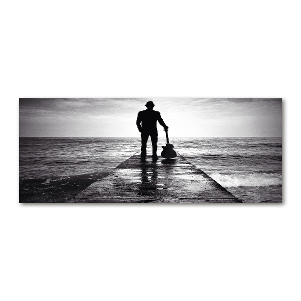 Pintura en acrílico horizontal Guitarrista en el muelle