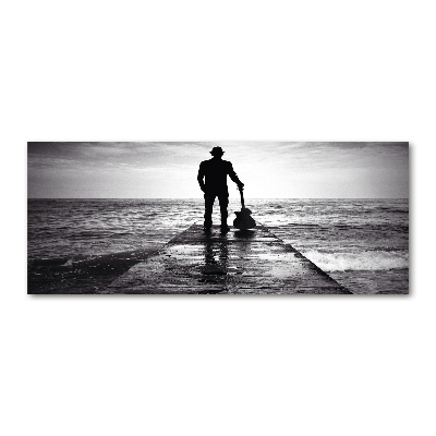 Pintura en acrílico horizontal Guitarrista en el muelle