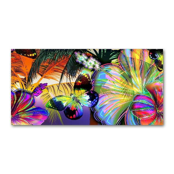 Pintura en acrílico horizontal Flores y una mariposa