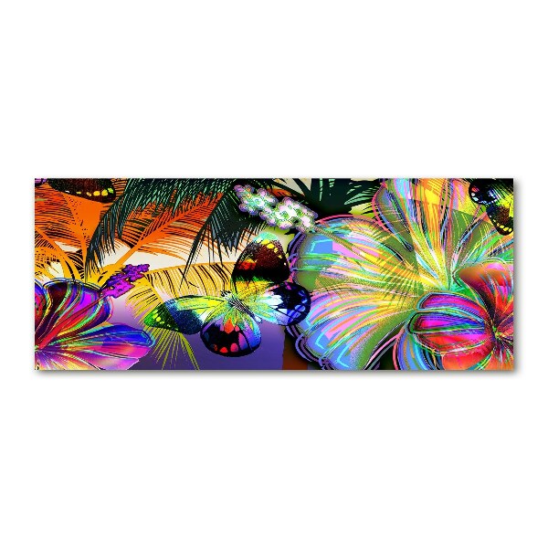 Pintura en acrílico horizontal Flores y una mariposa