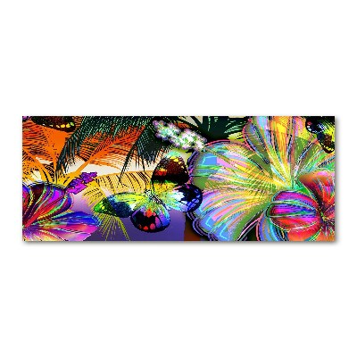 Pintura en acrílico horizontal Flores y una mariposa