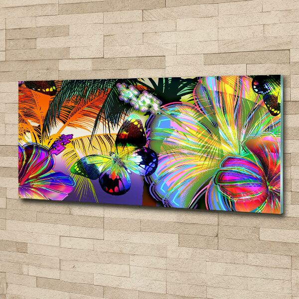 Pintura en acrílico horizontal Flores y una mariposa