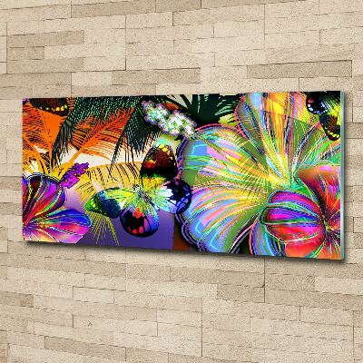 Pintura en acrílico horizontal Flores y una mariposa