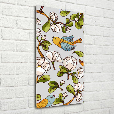 Cuadro decorativo en acrílico brillante vertical Pájaros y flores
