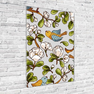 Cuadro decorativo en acrílico brillante vertical Pájaros y flores