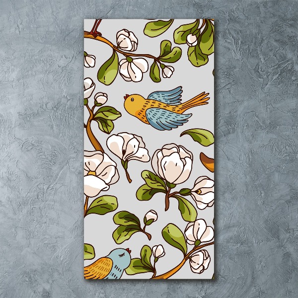 Cuadro decorativo en acrílico brillante vertical Pájaros y flores