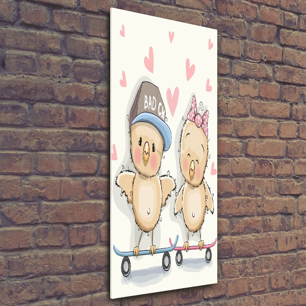 Cuadro de metacrilato moderno efecto cristal vertical Pollos en patineta