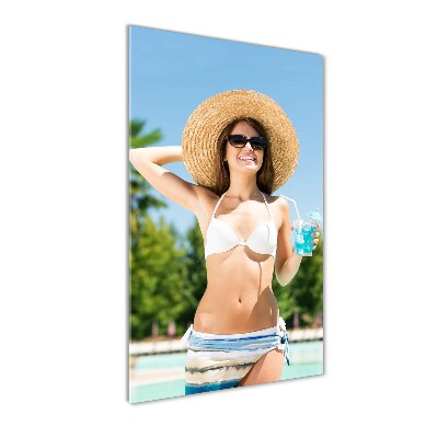 Cuadro de metacrilato moderno efecto cristal vertical Mujer junto a la piscina