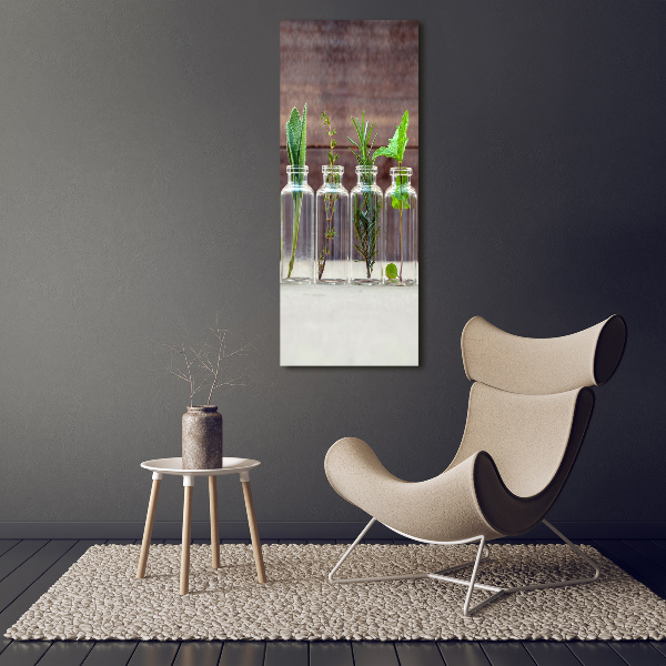 Cuadro decorativo en acrílico brillante vertical Hierbas en frascos