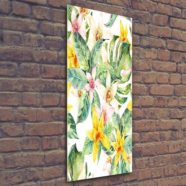 Cuadro decorativo en acrílico brillante vertical flores tropicales