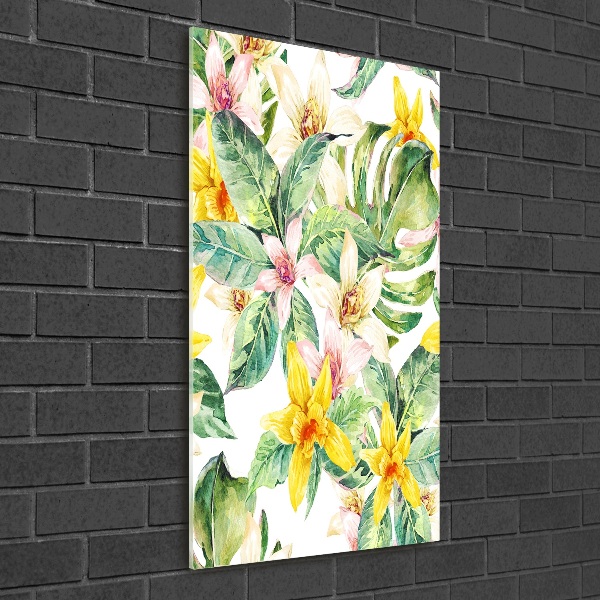 Cuadro decorativo en acrílico brillante vertical flores tropicales