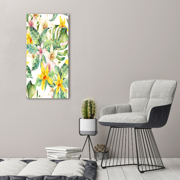 Cuadro decorativo en acrílico brillante vertical flores tropicales